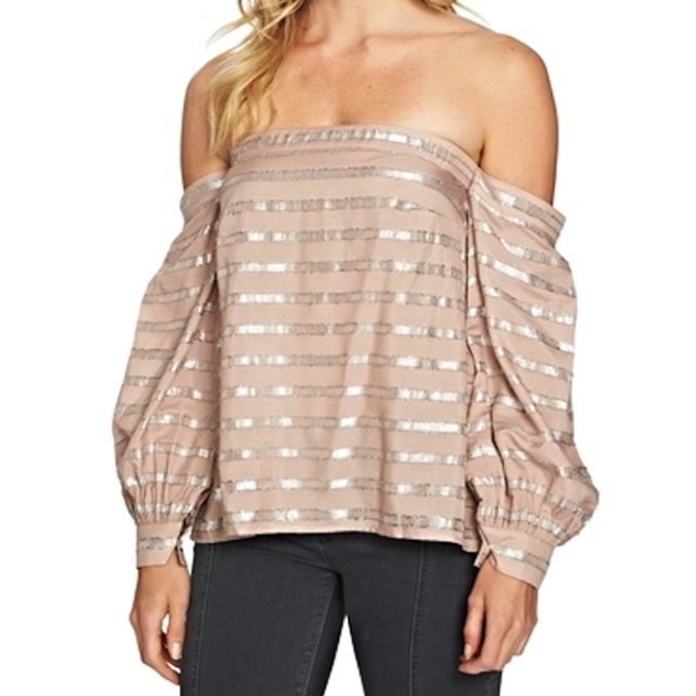 1. State Off-Shoulder Taupe Shell Metallic Top - Picture 2 of 9